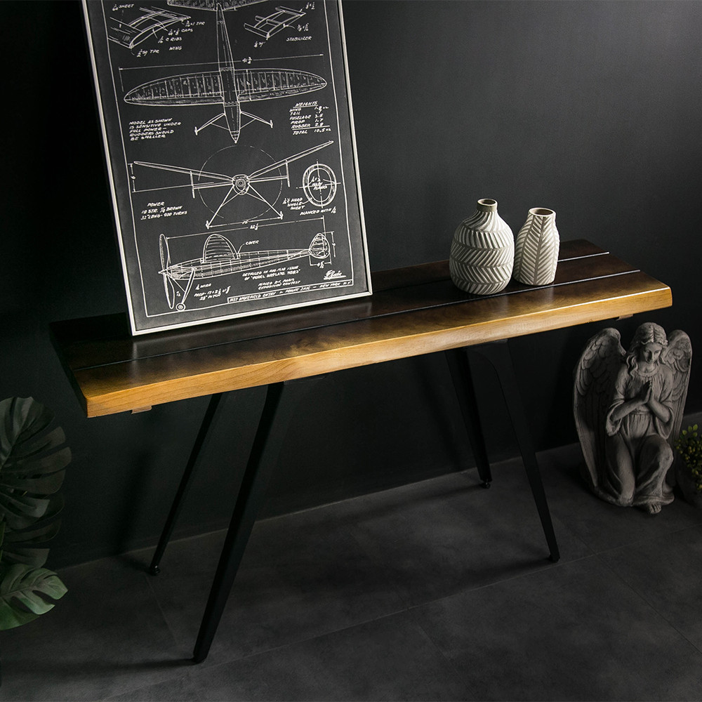 Narrow Black & Natural Wood Console Table Vintage Entryway Console Table
