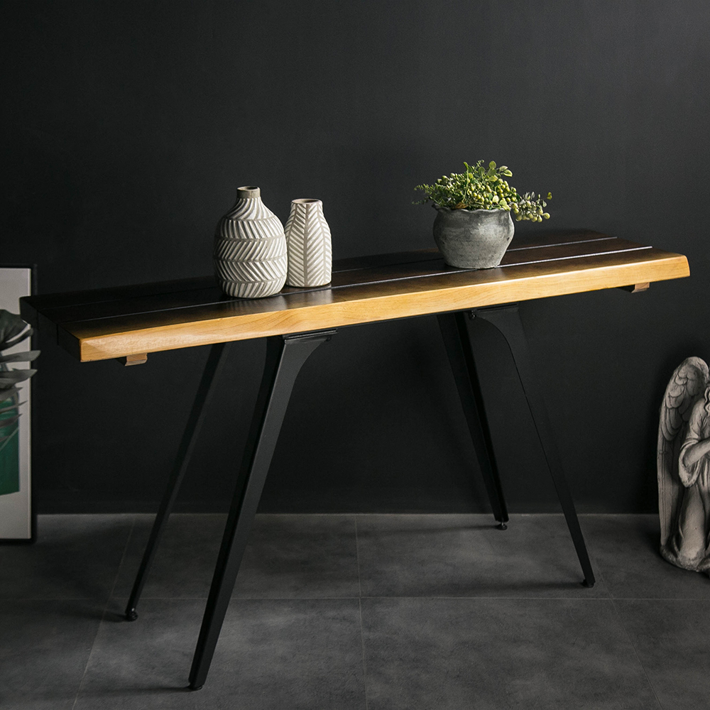 Narrow Black & Natural Wood Console Table Vintage Entryway Console Table