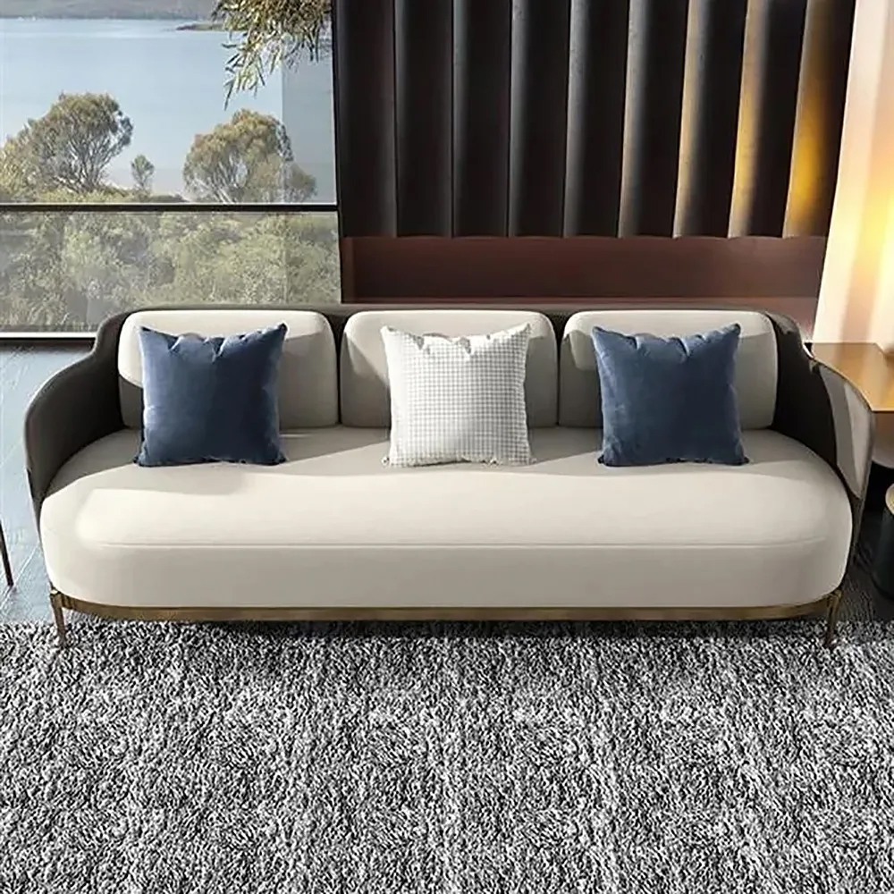 Modern Mid-Century Upholstered Sofa White & Grey Linen Brushed Microfiber Leather Sofa