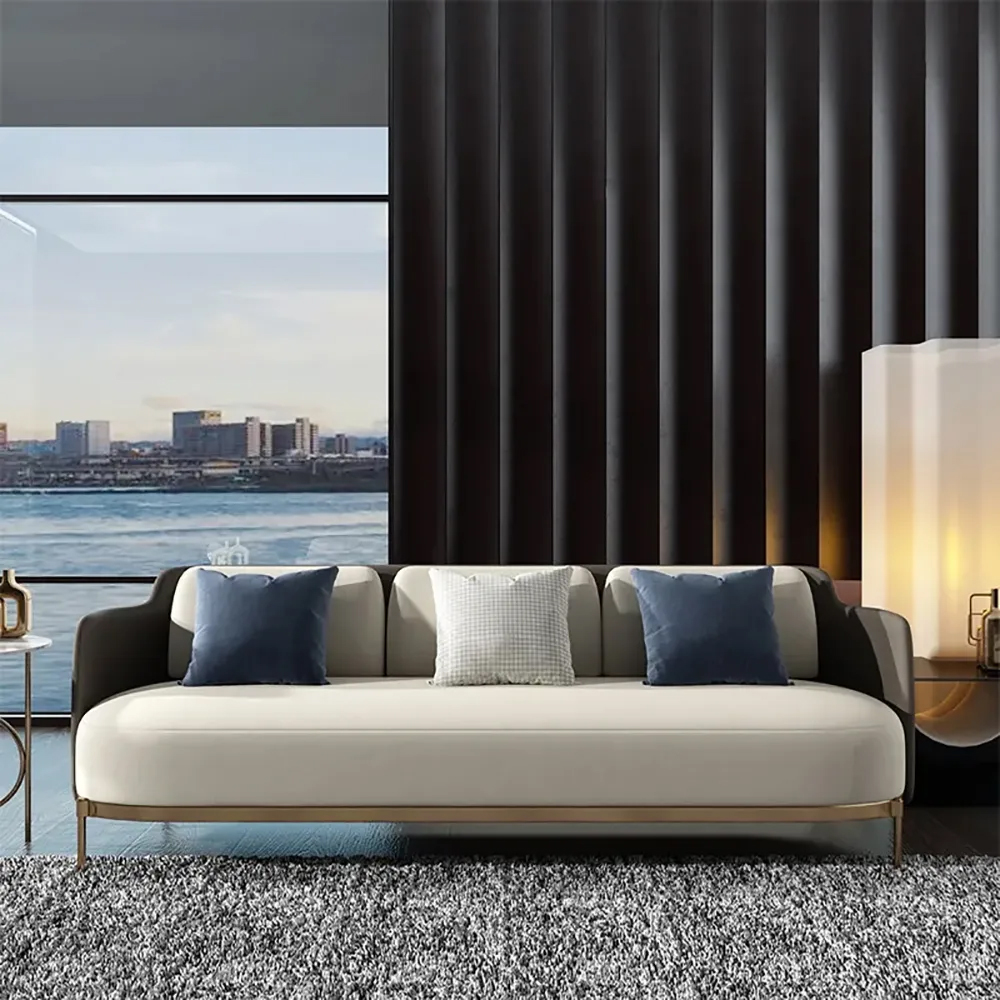 Modern Mid-Century Upholstered Sofa White & Grey Linen Brushed Microfiber Leather Sofa