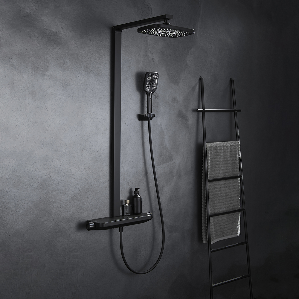 Black Exposed Rainfall Shower System with Handshower & Stone Rack Solid Brass