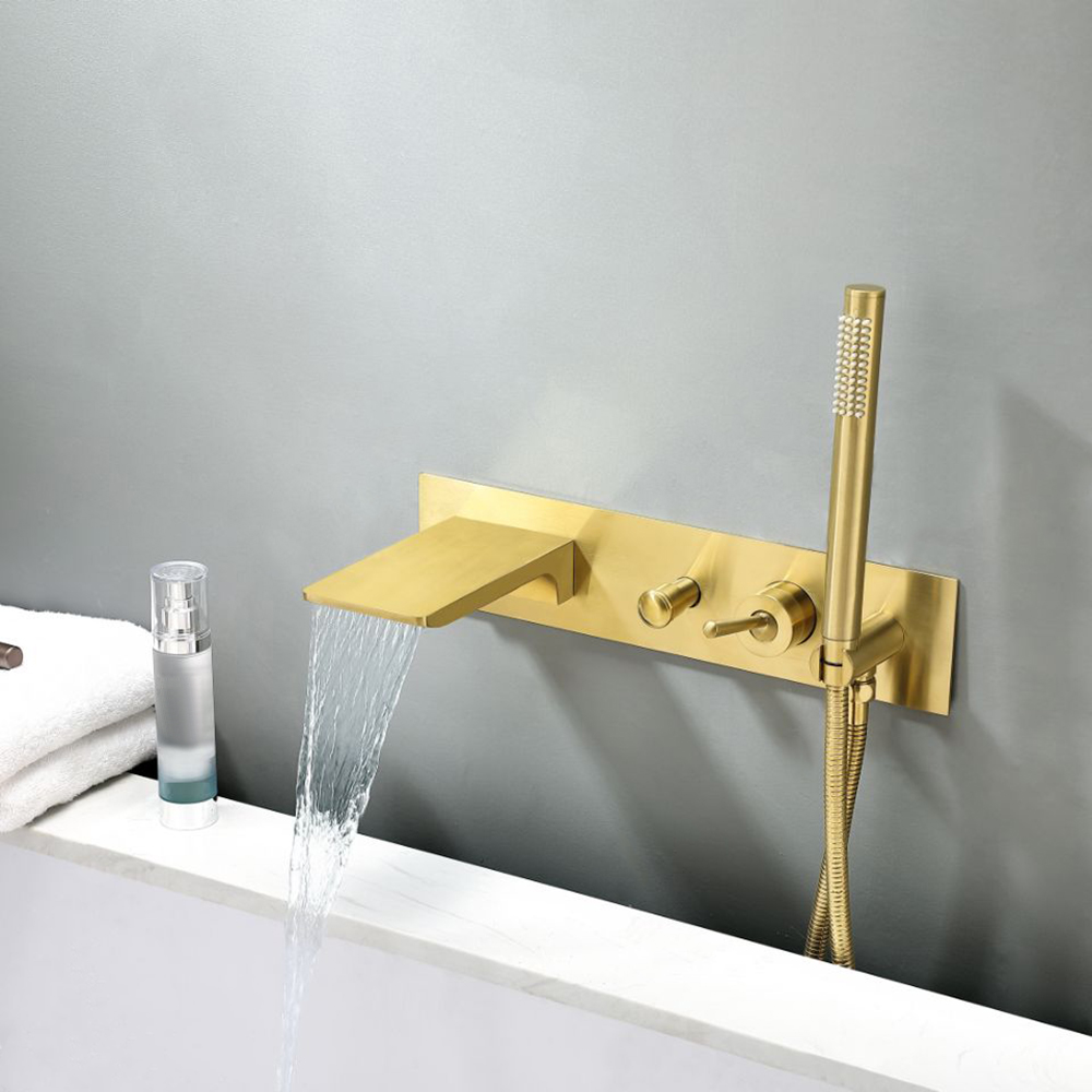 Modern Waterfall Tub Filler Wall Mounted Bathtub Faucet with Handshower in Brushed Gold