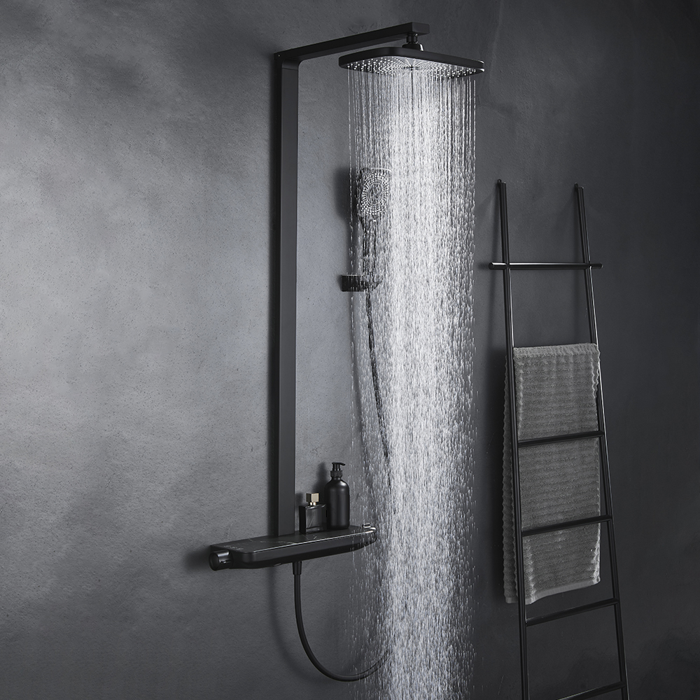 Black Exposed Rainfall Shower System with Handshower & Stone Rack Solid Brass