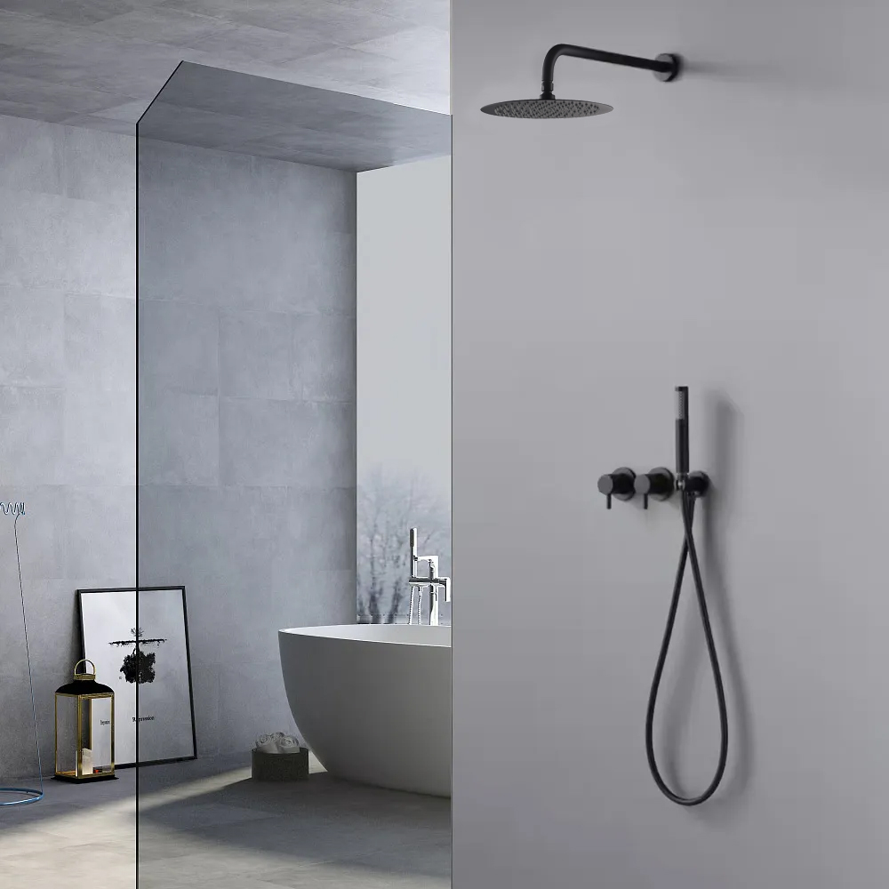 250mm Wall-Mounted Round Black Shower Set 2-Function with Hand Shower