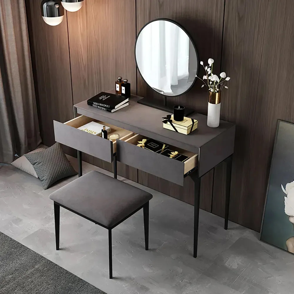 Modern Grey Makeup Vanity Set with Velvet Surface Dressing & Mirror & Stool in Small