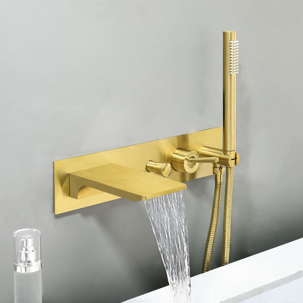 Modern Waterfall Tub Filler Wall Mounted Bathtub Faucet with Handshower in Brushed Gold