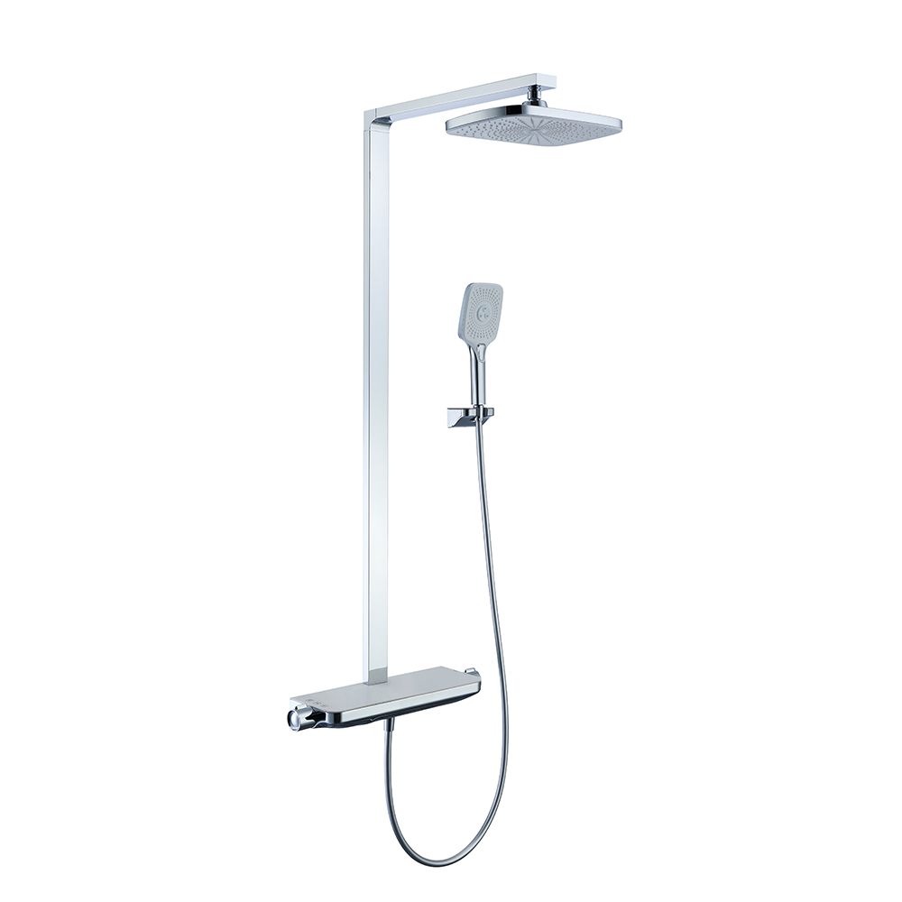Chrome & White Exposed Rainfall Shower System with Handshower & Stone Rack Solid Brass