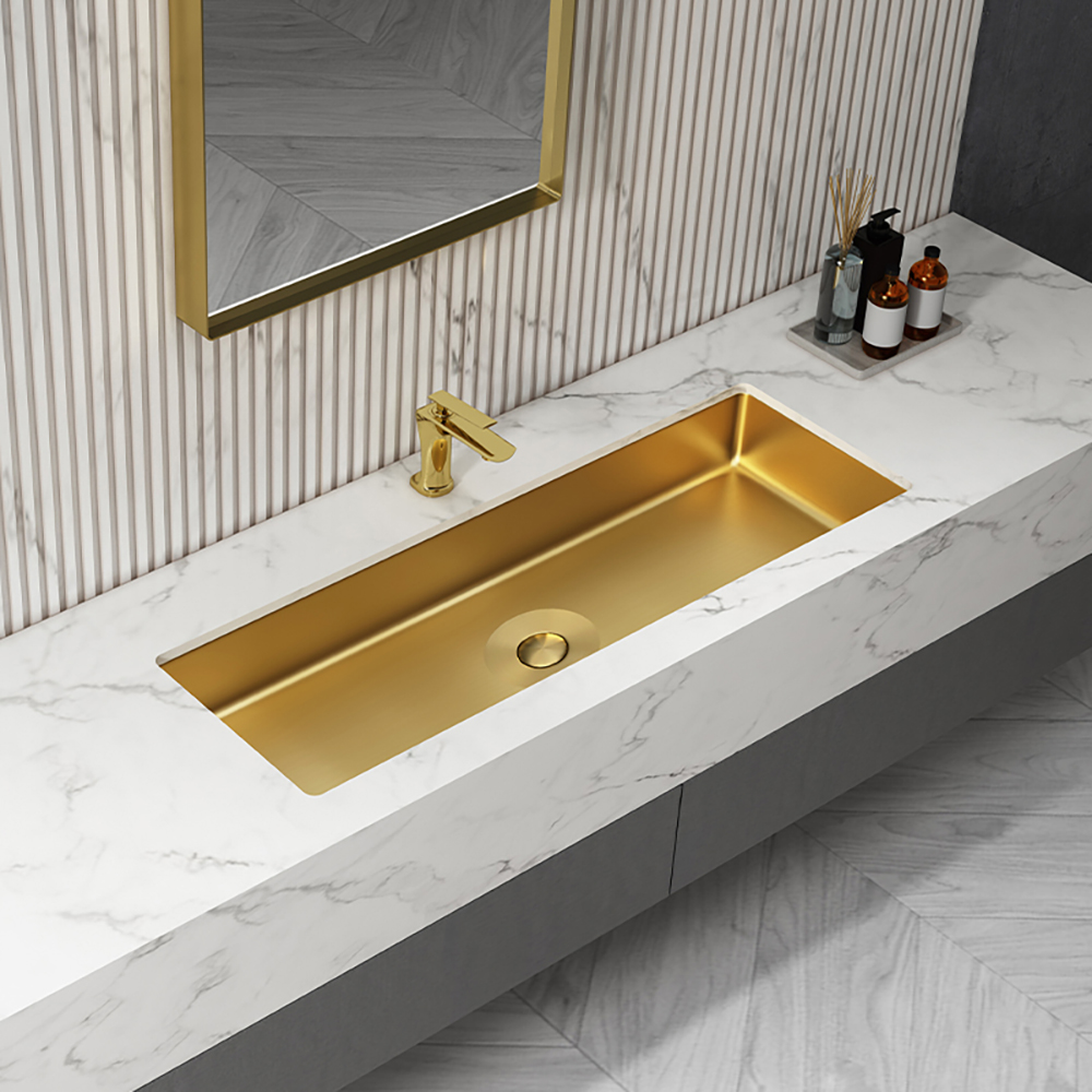 42" Undermount Bathroom Sink Rectangular Stainless Steel Luxury with Drain Brushed Gold