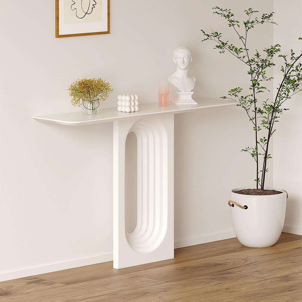 47" Modern Narrow Wood White Console Table with Geometric Pedestal Entryway Table