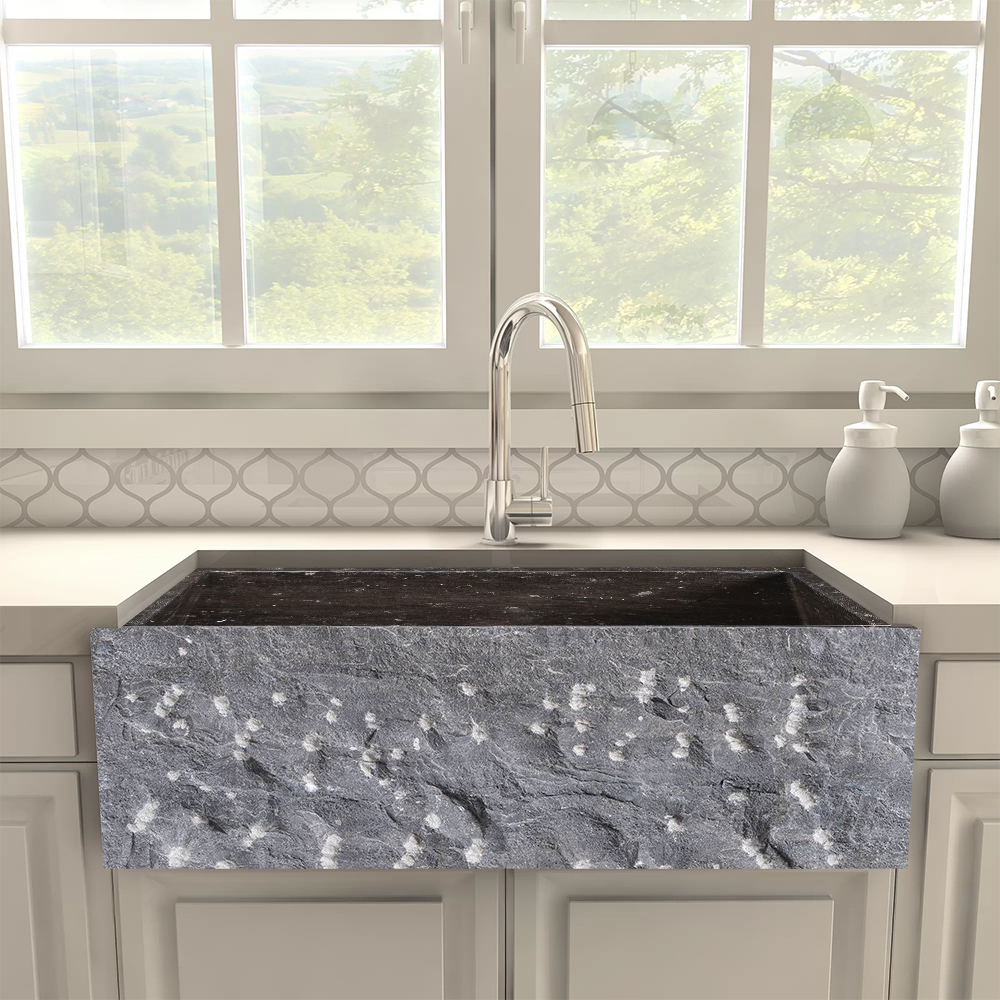 33" Farmhouse Black Kitchen Sink Natural Stone Single Large Sink with Drain