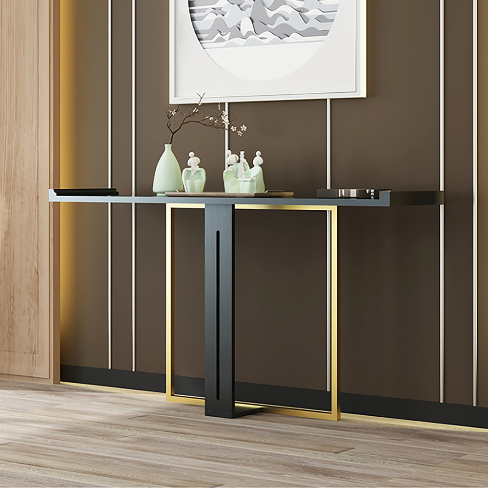 39" schmaler Konsolentisch für Eingangsfoyer aus schwarzem Massivholz und goldfarbenem Metall in klein