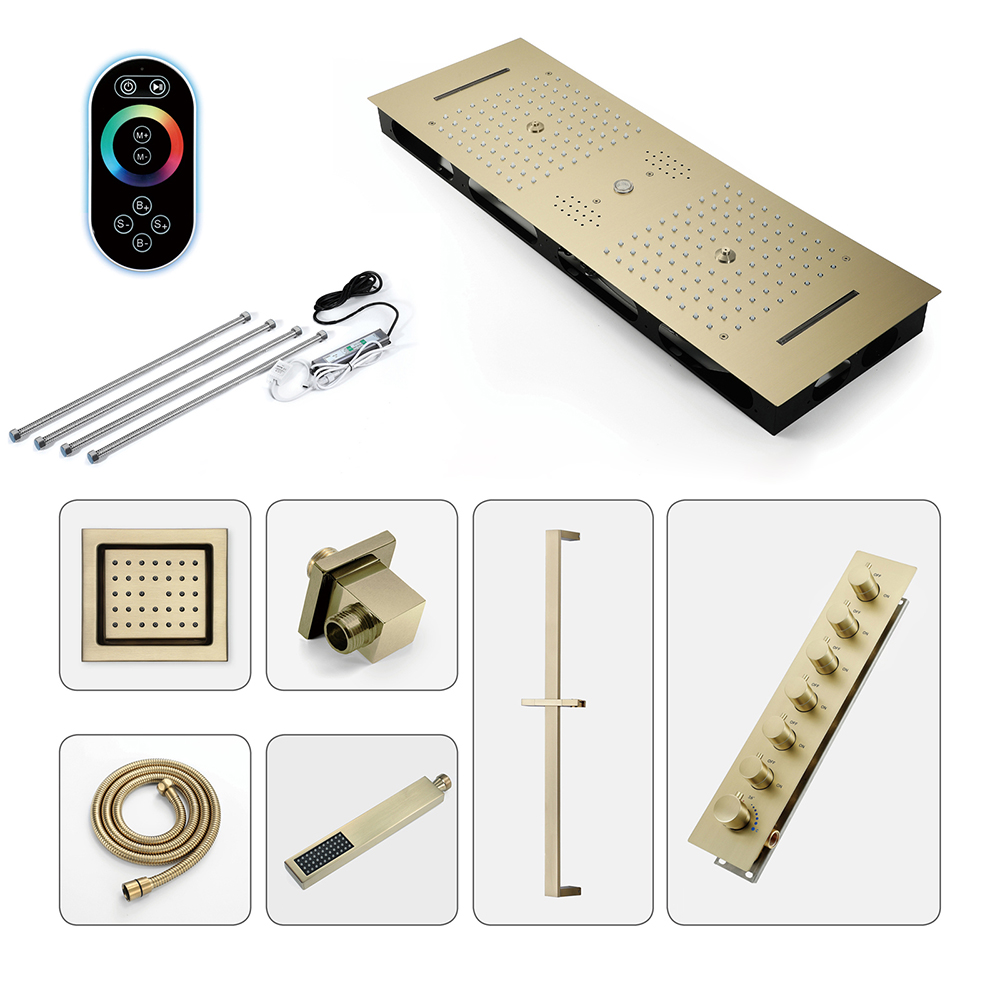 6 Functions Modern Thermostatic Massage Shower System Remote Controlled LED Brushed Gold