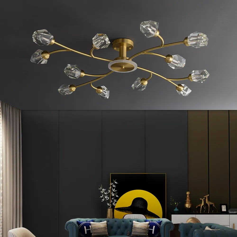 Brass 12-Light Sputnik Crystal Semi-Flush Mount Light for Living Room and Dining Room