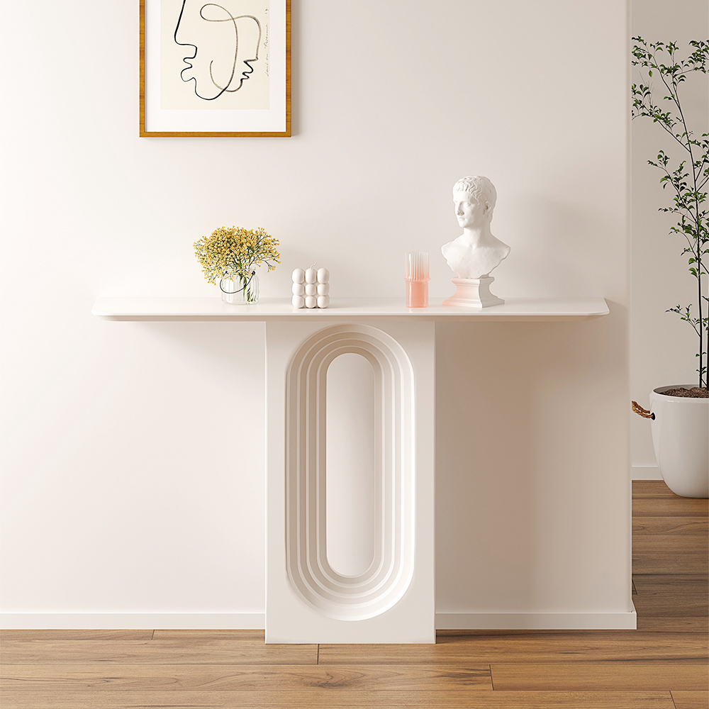 1200mm Modern Narrow Wood White Console Table with Geometric Pedestal Hallway Table