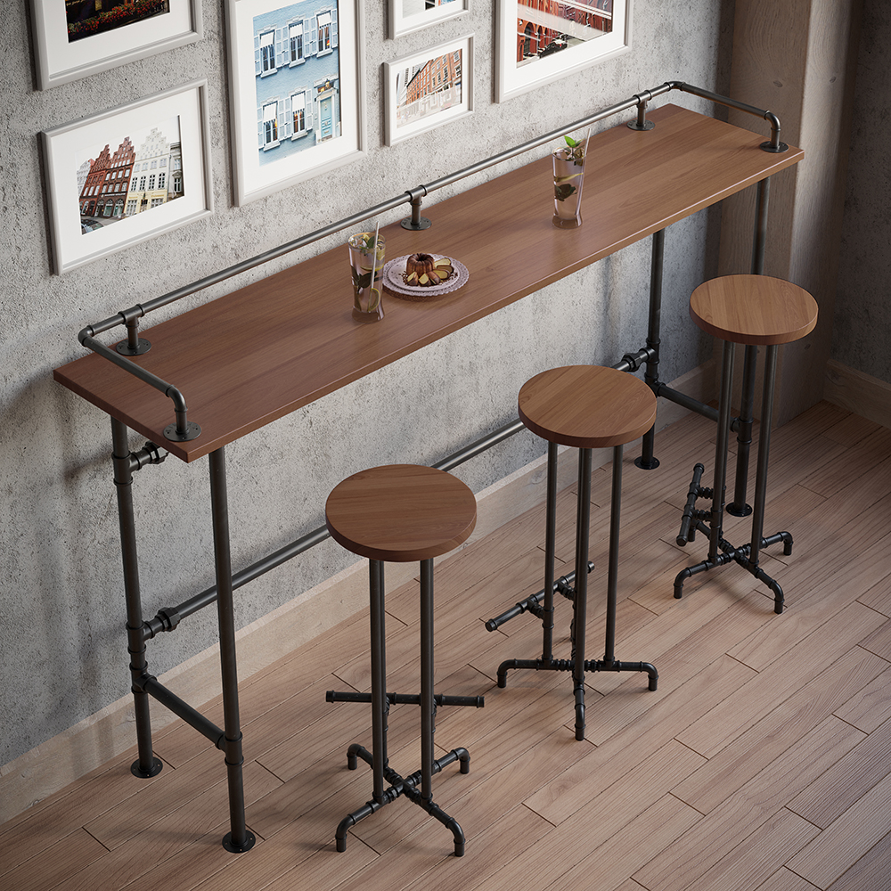 70.9" Industrial Rectangular Wood Bar Height Table in Walnut
