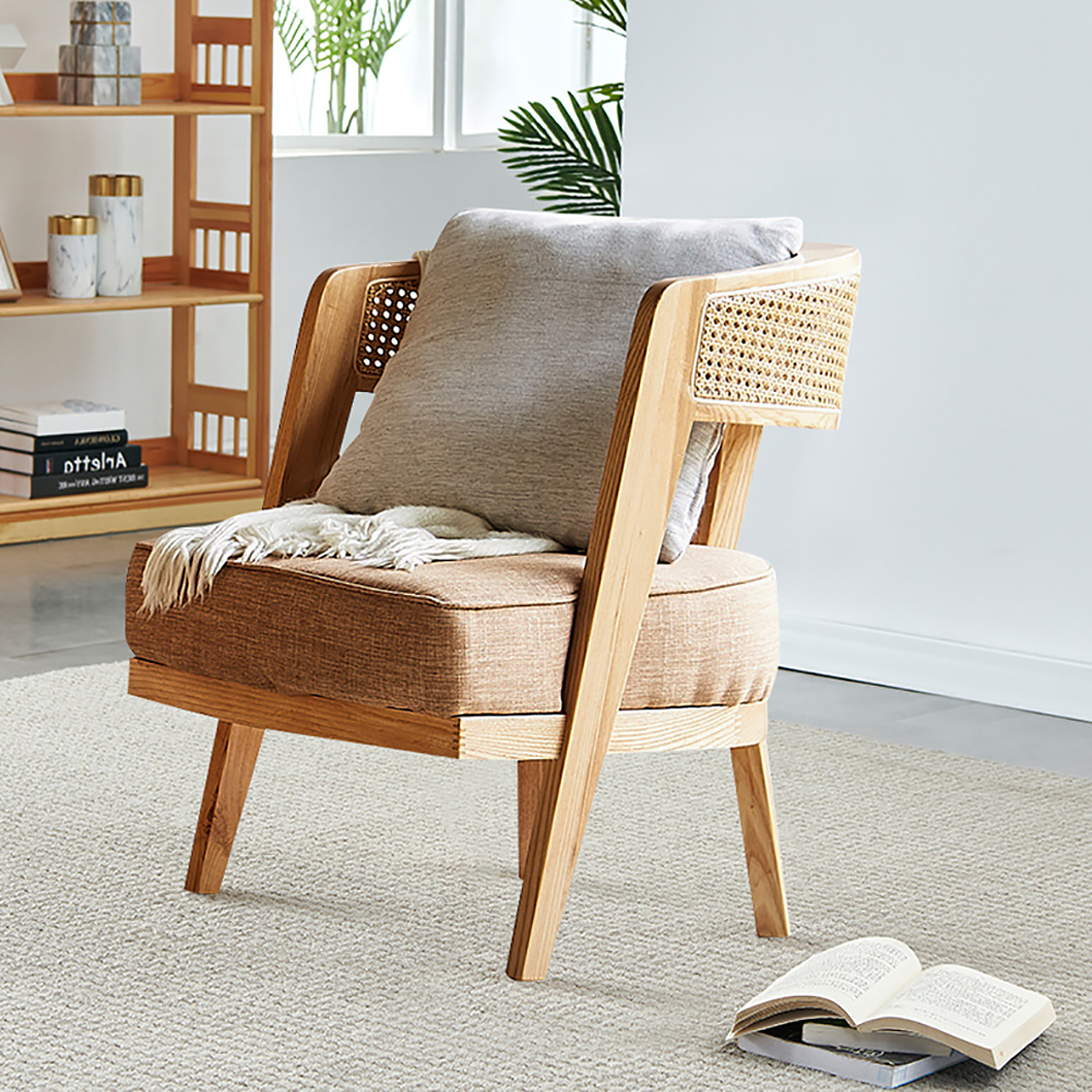 Modern Ash & Rattan Accent Chair Cotton & Linen Upholstery for Living ...