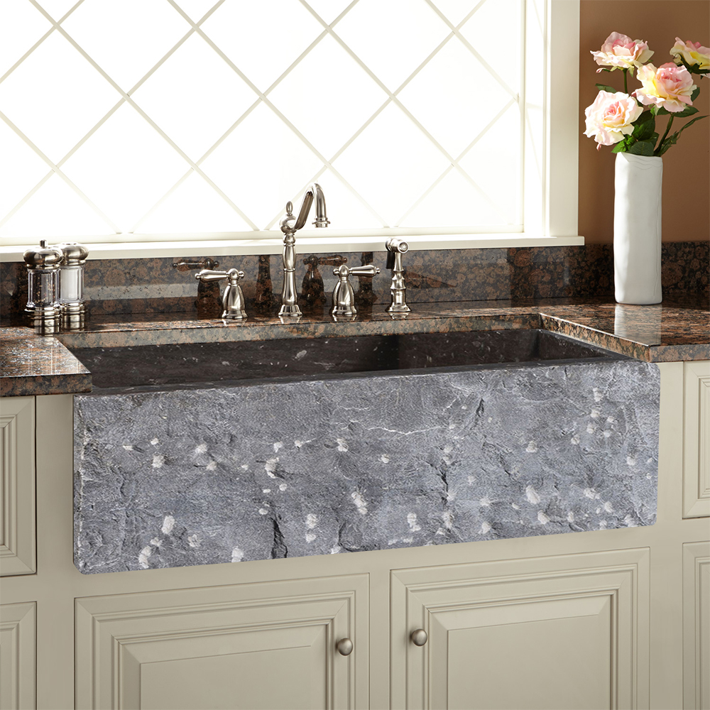 33" Farmhouse Black Kitchen Sink Natural Stone Single Large Sink with Drain