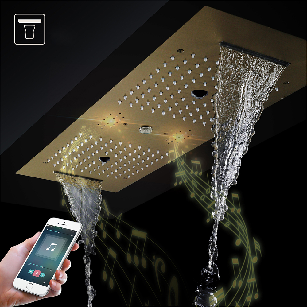 6 Functions Modern Thermostatic Massage Shower System Remote Controlled LED Brushed Gold