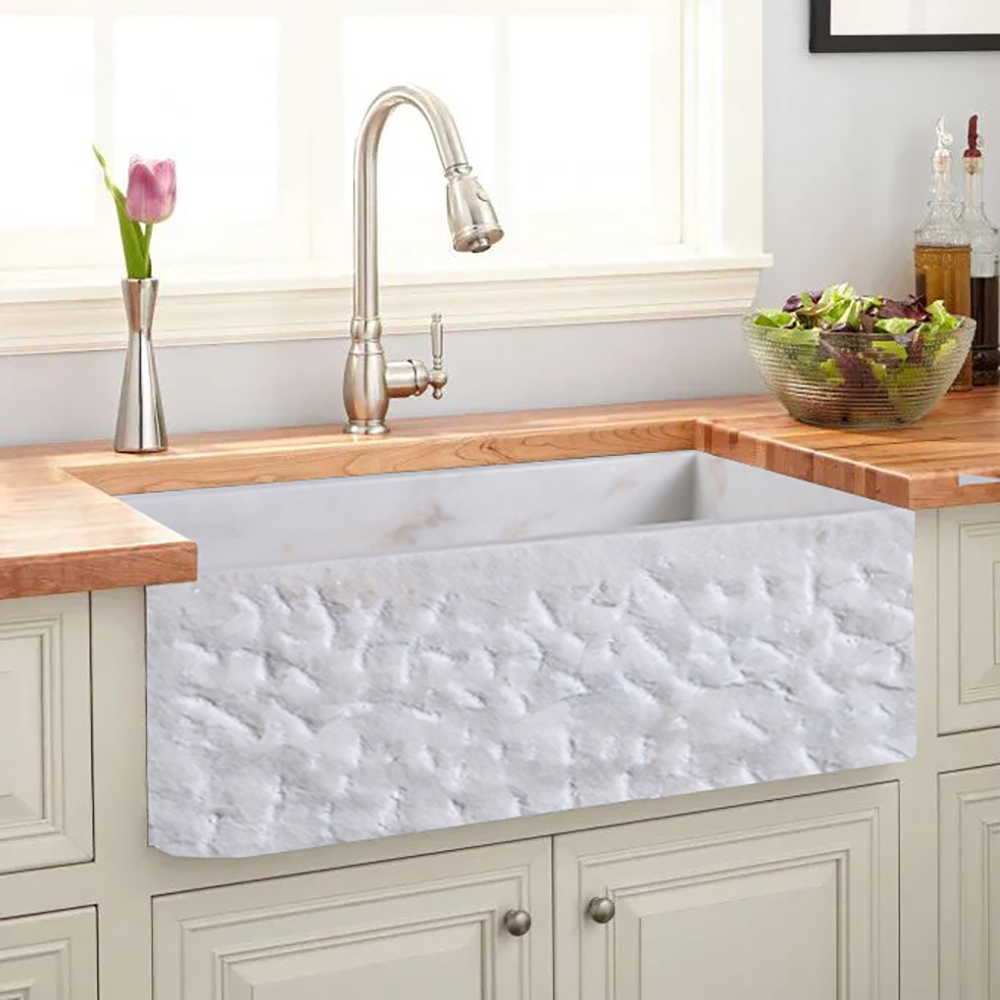 24" Farmhouse White Kitchen Sink Natural Stone Single Sink with Drain