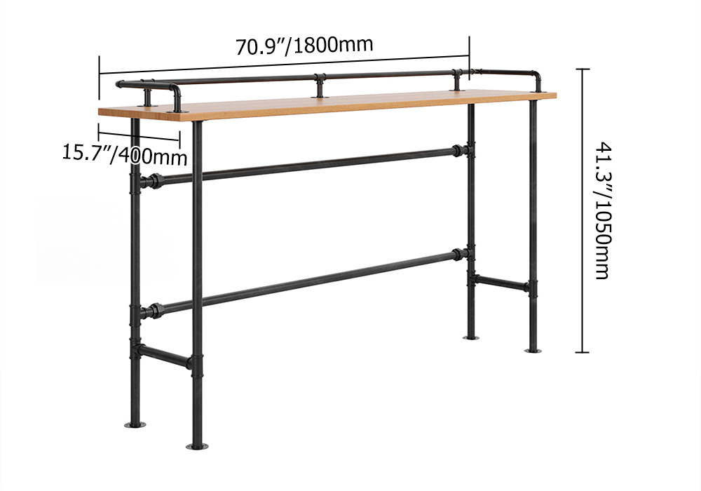 70.9" Industrial Rectangular Natural Wood Bar Height Table with Footrest
