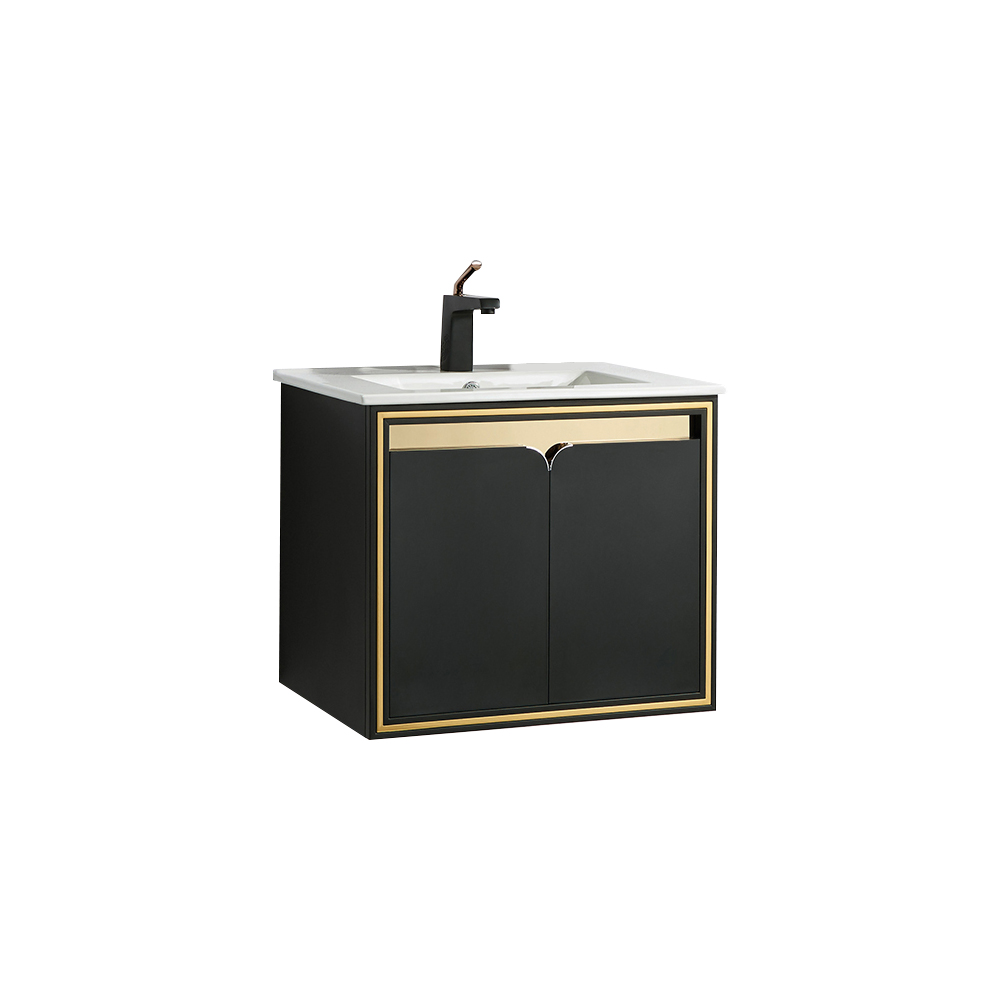 24" Floating Bathroom Vanity Set Ceramics Single Sink with Drain in Black & Gold 