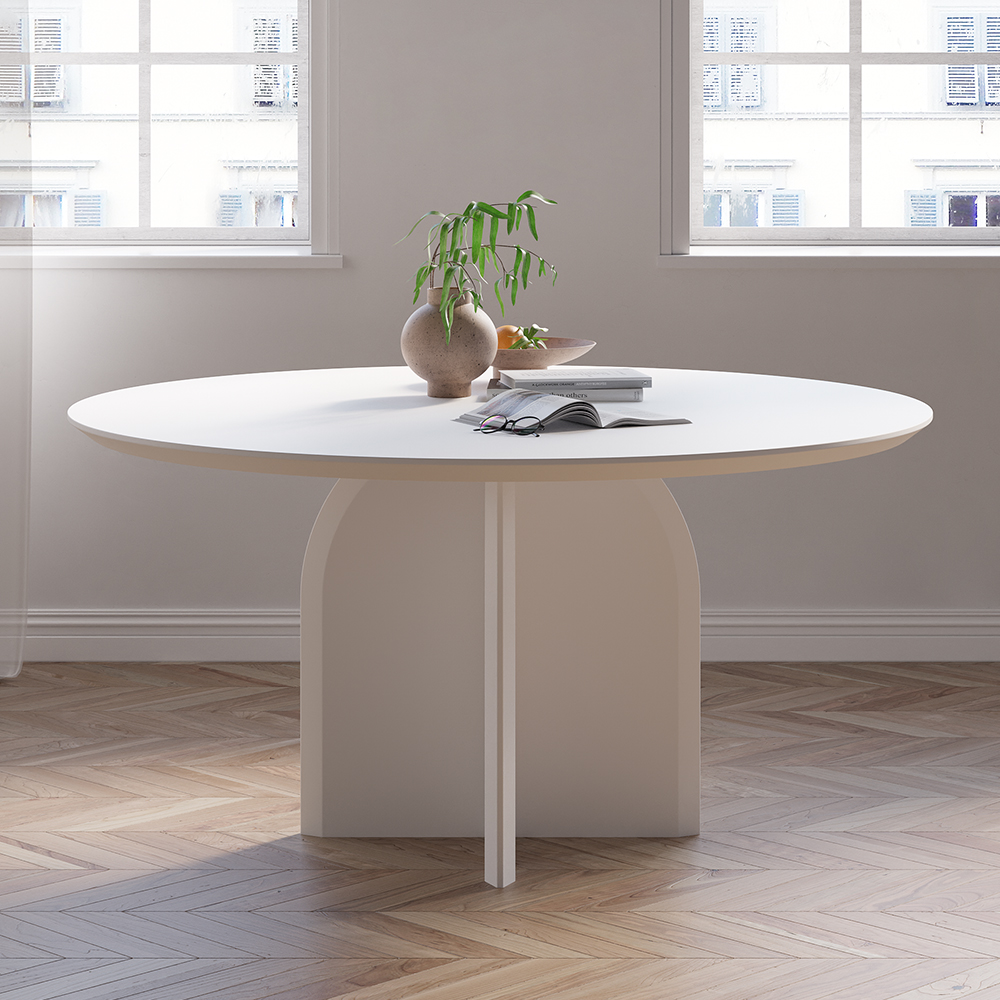 53" Modern Round Dining Table for 6 White Solid Wood Tabletop Pedestal Base