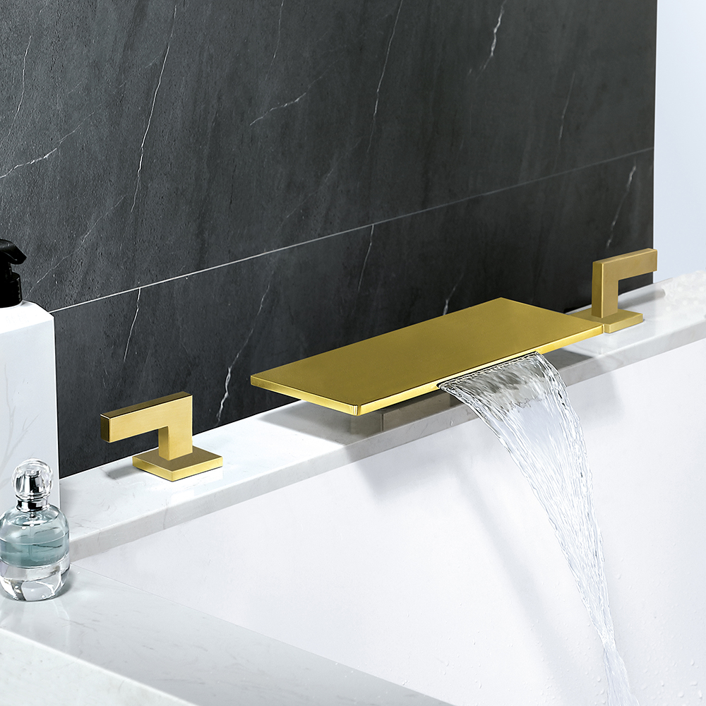 Modern Waterfall Bathtub Faucet Deck Mounted Tub Filler in Brushed Gold