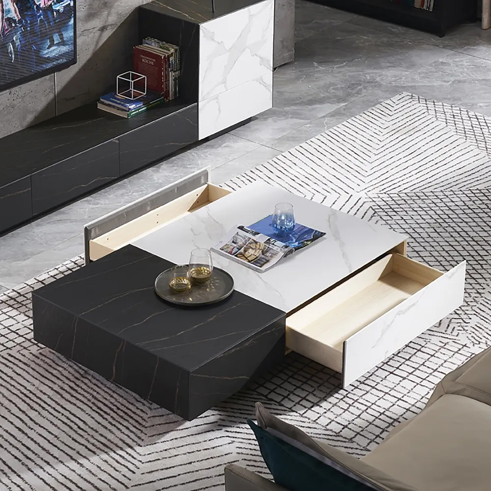 Black & White Coffee Table with Storage Rectangle Stone Top & Wood ...