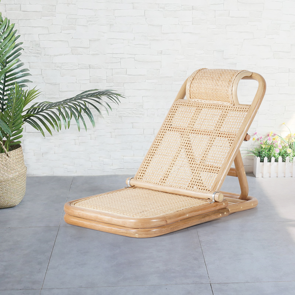 Modern Rattan & Wood Outdoor Long Reclining Chaise Patio Lounge Chair in Natural