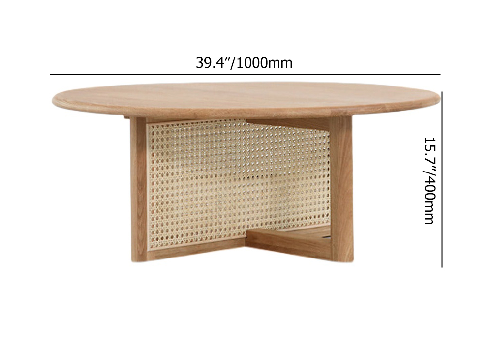 39.4" Modern Round Pine Wood and Rattan Coffee Table in Natural