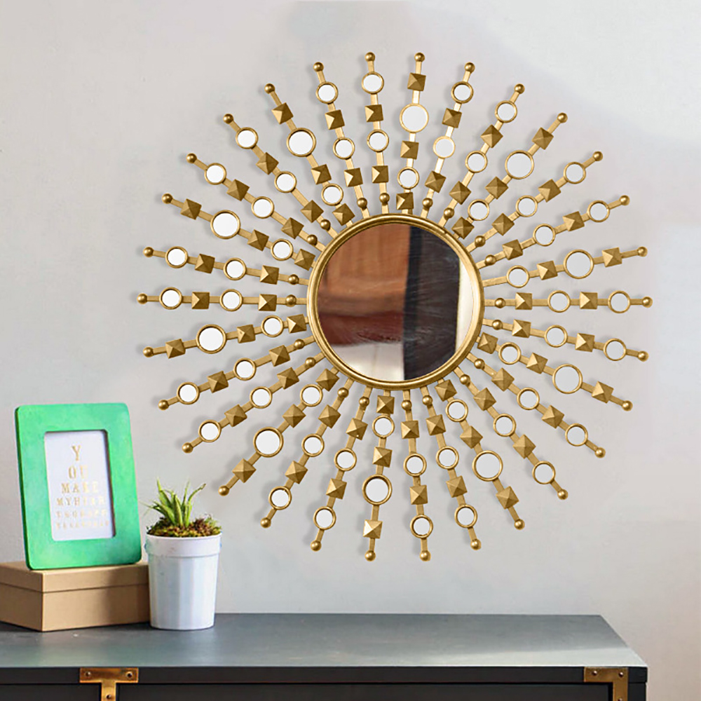 Image of Luxury Stylish Metal Round Gold Wall Mirror Sun Shine Home Decor