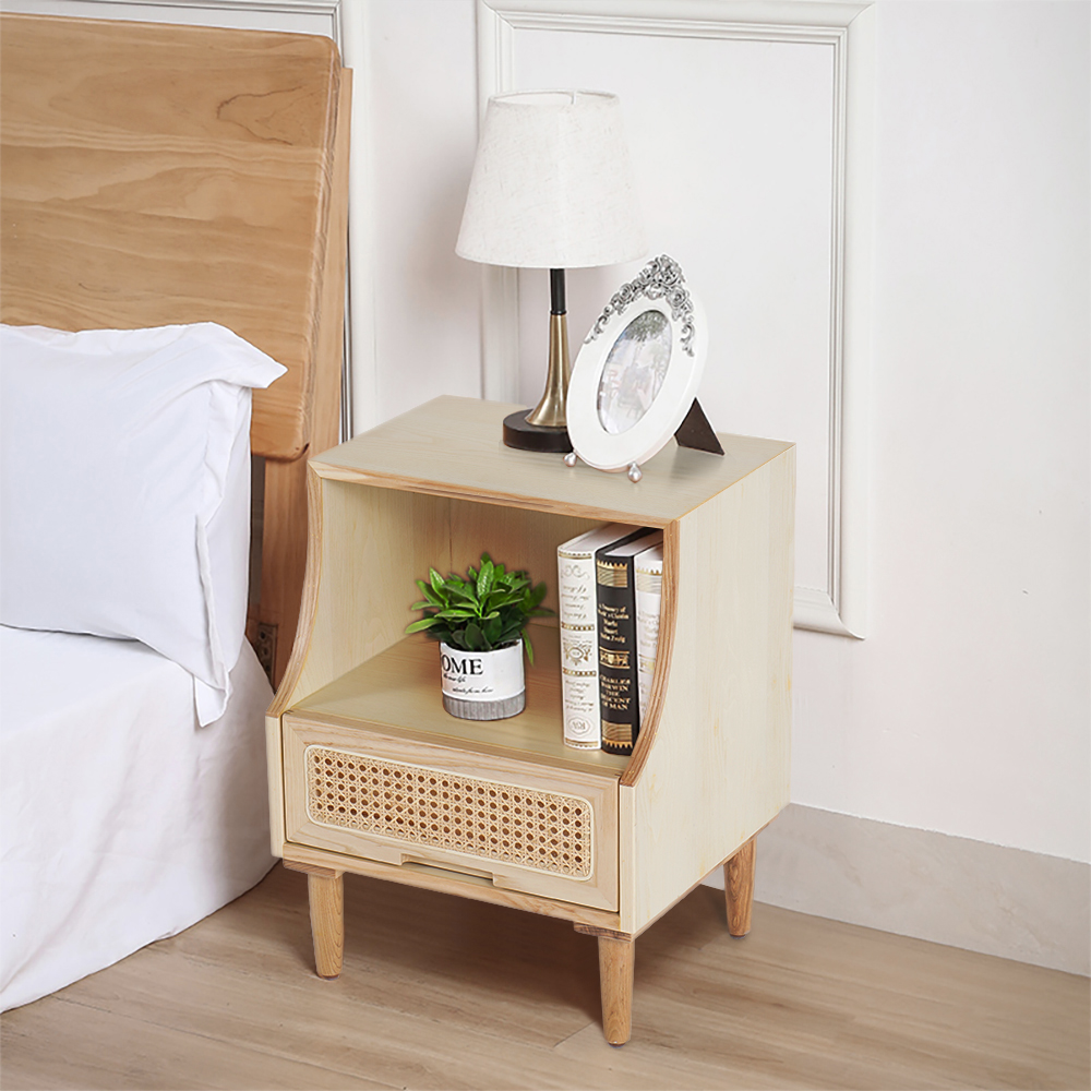 Natural Nightstand Nordic 1-Drawer Rattan Woven Wooden Bedside Table with Open Storage