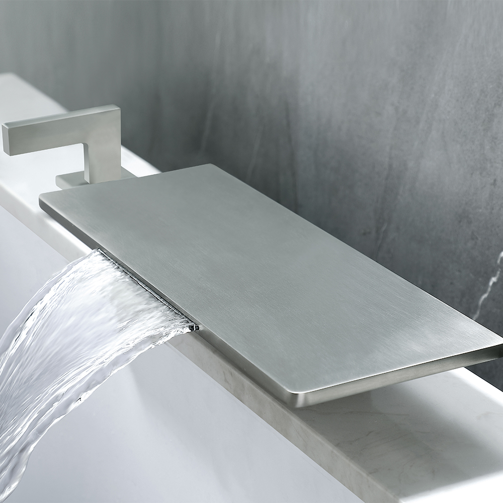 Modern Waterfall Tub Filler Deck-Mount Bathtub Faucet with Handshower in Brushed Nickel