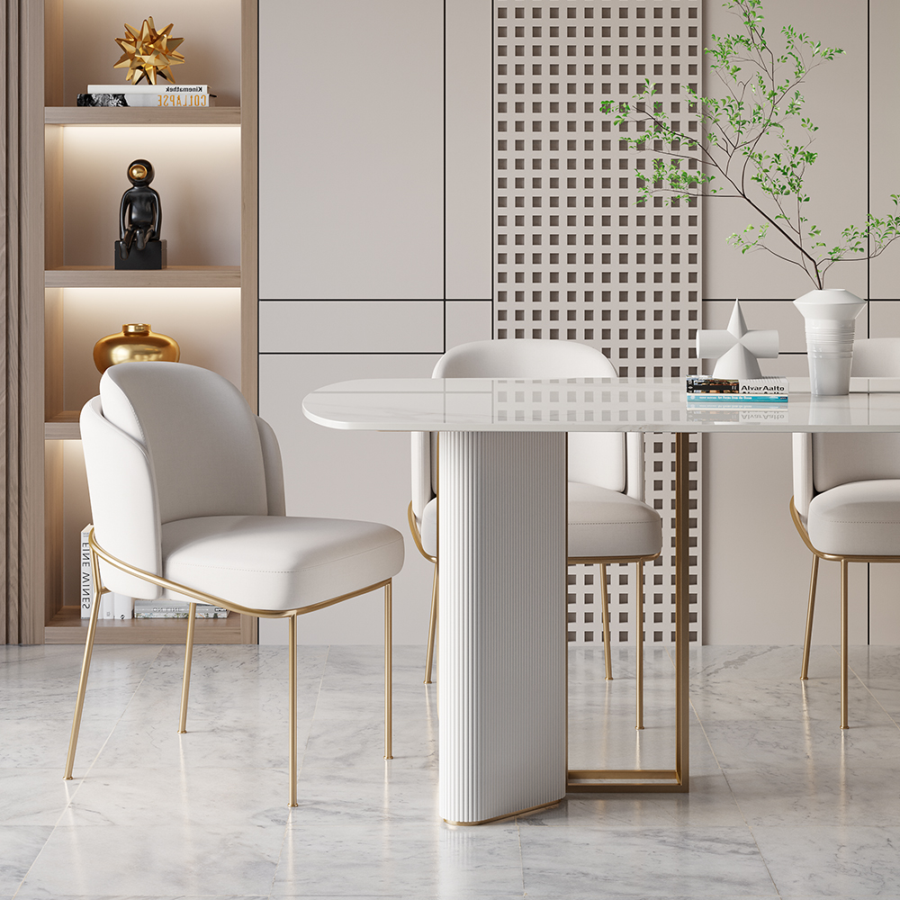 Modern 71" White Faux Marble Dining Table 8 Seater Rectangular Table Pedestal Base