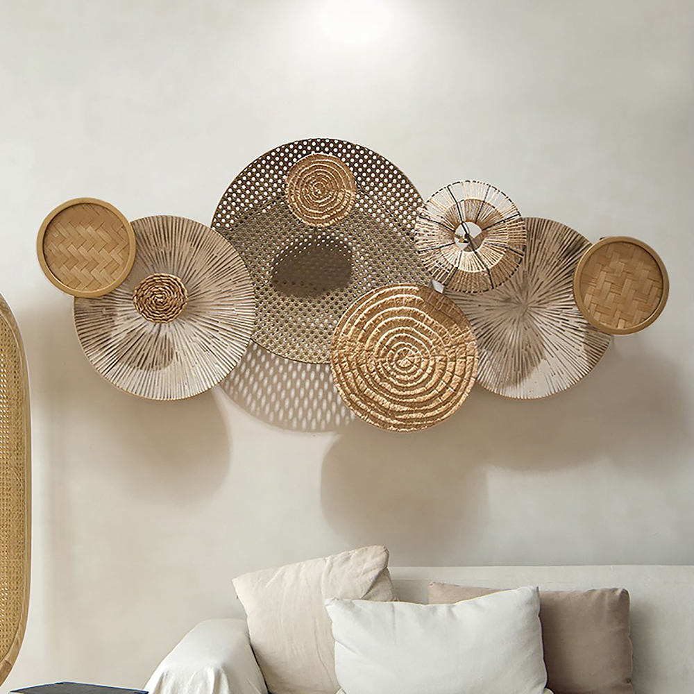 Round Woven Rattan Large Wall Decor Overlapping Wooden Wabi-sabi Style
