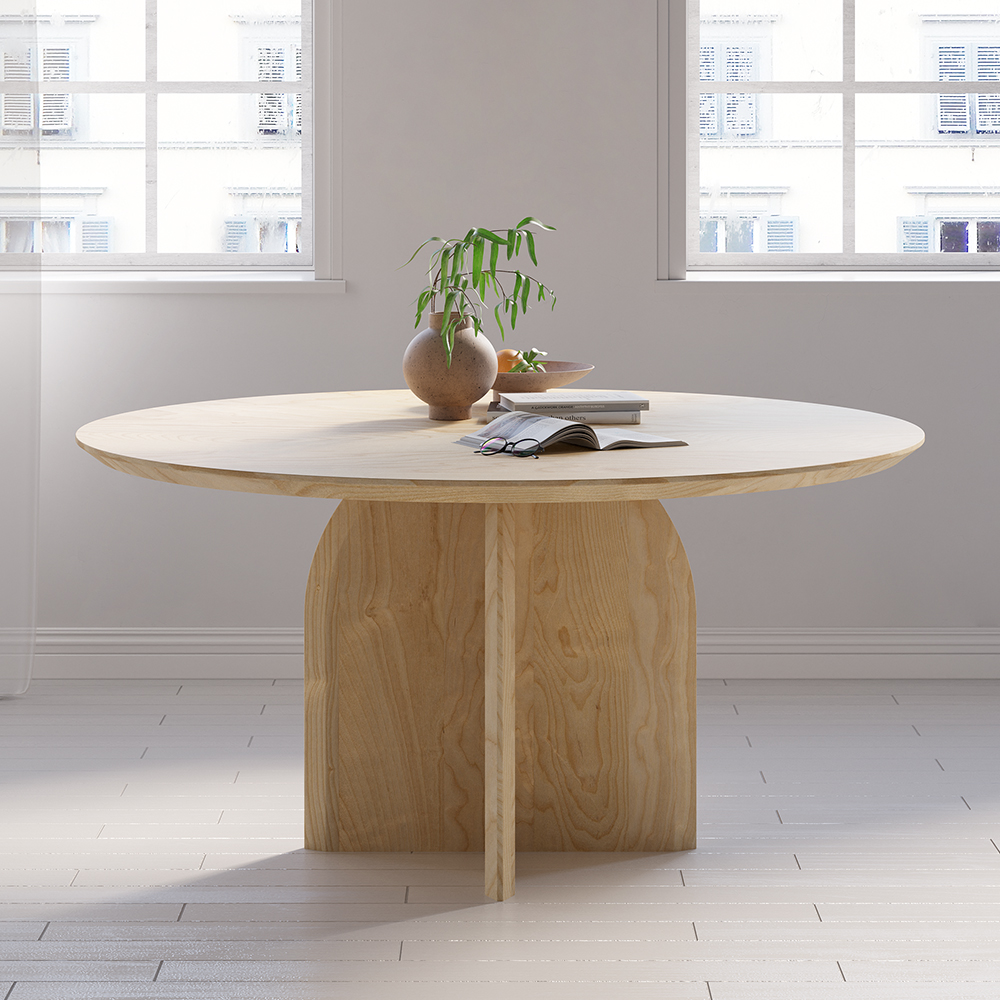 53" Modern Round Dining Table for 6 Natural Solid Wood Tabletop Pedestal Base