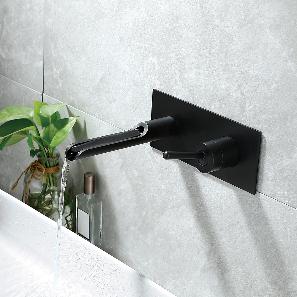 Image of Black Modern Single Lever Handle Wall-Mounted Bathroom Sink Faucet Solid Brass