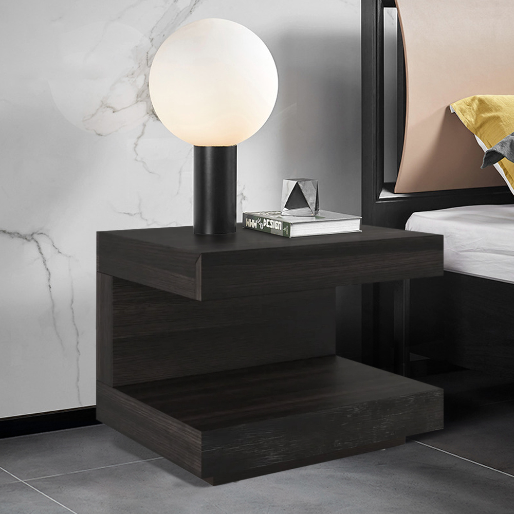 Modern Wood Nightstand with 1 Drawer C-shaped Side Table with Light 