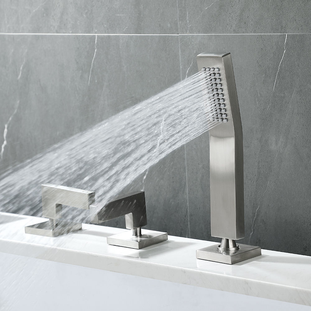 Modern Waterfall Tub Filler Deck-Mount Bathtub Faucet with Handshower in Brushed Nickel