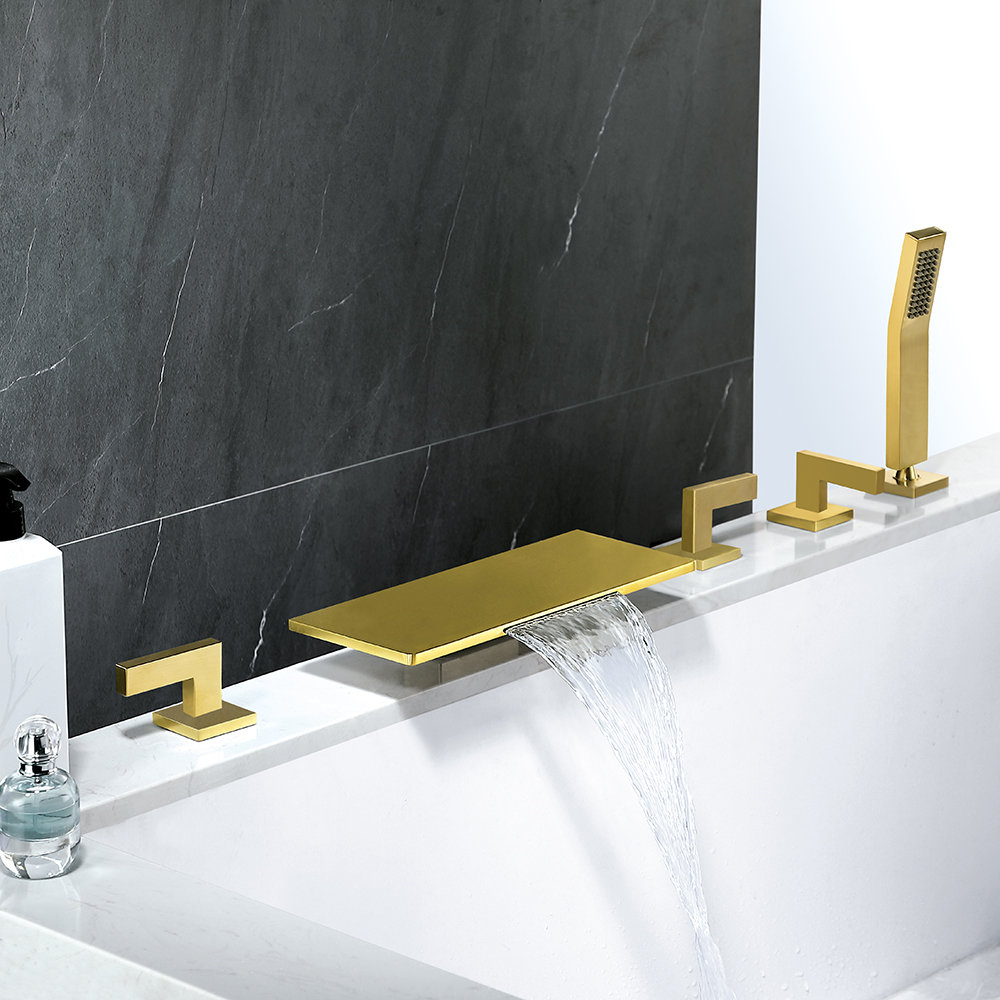 Modern Waterfall Bathtub Faucet Deck Mounted Tub Filler with Handshower in Brushed Gold