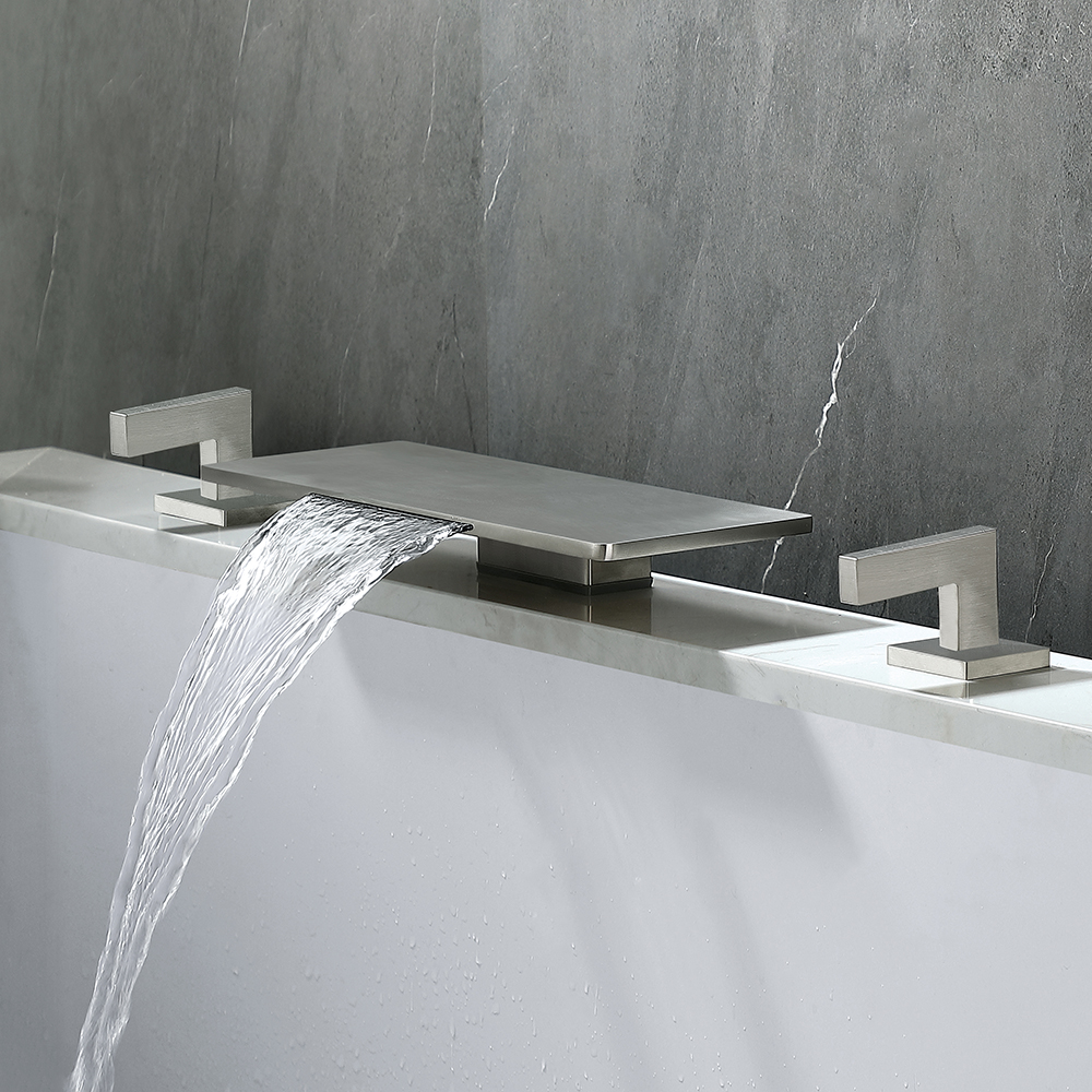 Modern Waterfall Bathtub Faucet Deck Mounted Tub Filler in Brushed Nickel