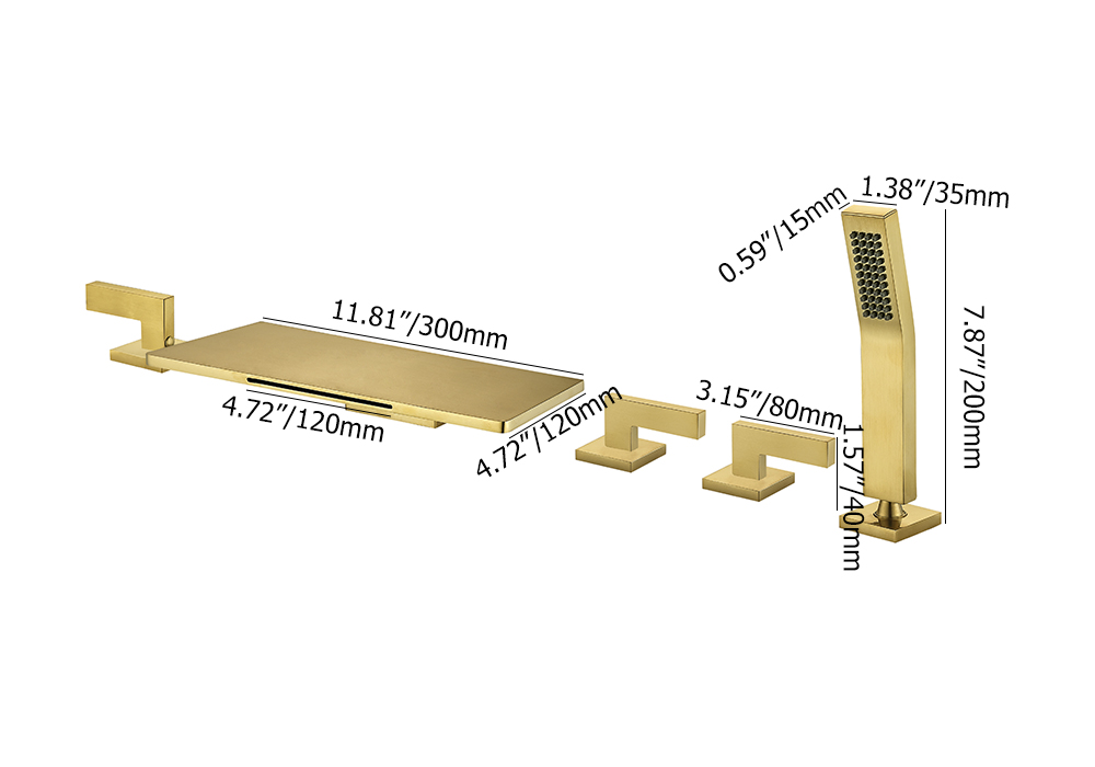Modern Waterfall Bathtub Faucet Deck Mounted Tub Filler with Handshower in Brushed Gold