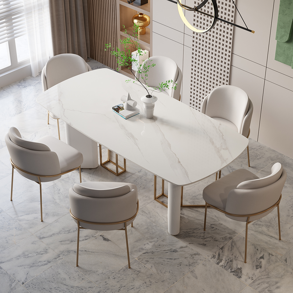 Modern 71" White Faux Marble Dining Table 8 Seater Rectangular Table Pedestal Base