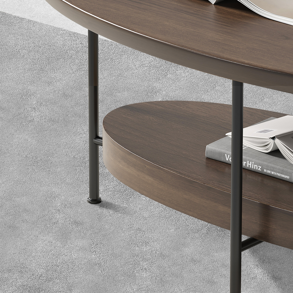 39" Modern Walnut Oval Coffee Table with Storage Shelf Wood and Metal