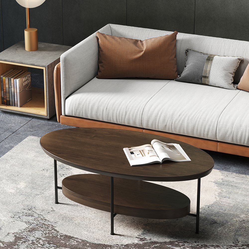 39" Modern Walnut Oval Coffee Table with Storage Shelf Wood and Metal