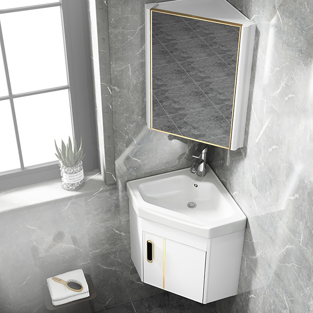 17" White Floating Small Corner Bathroom Vanity with Ceramics Integral Single Sink
