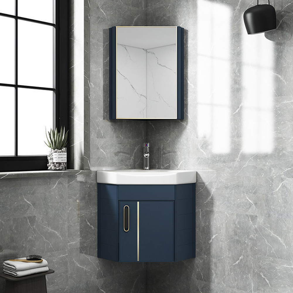 17" Deep Blue Floating Small Corner Bathroom Vanity with Ceramics Integral Single Sink