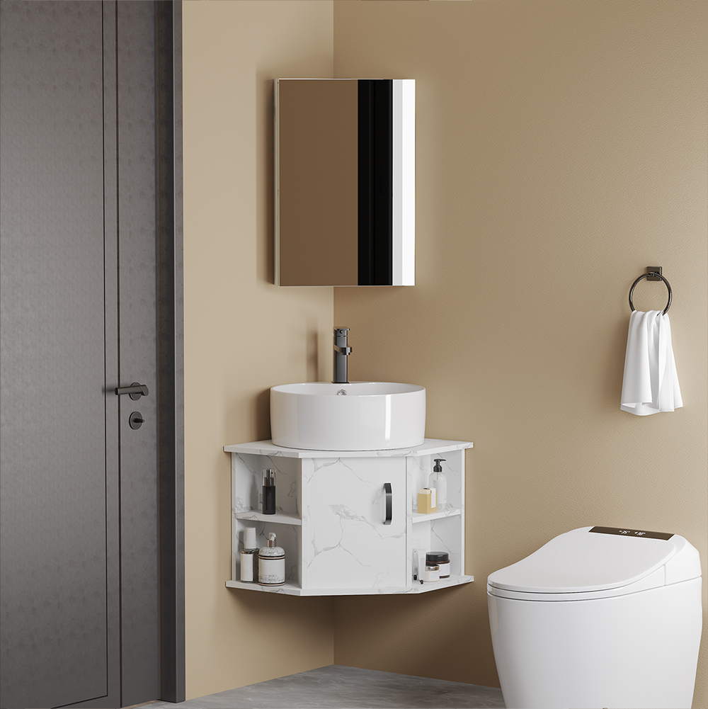 20" White Floating Small Corner Bathroom Vanity with Ceramics Single Vessel Sink