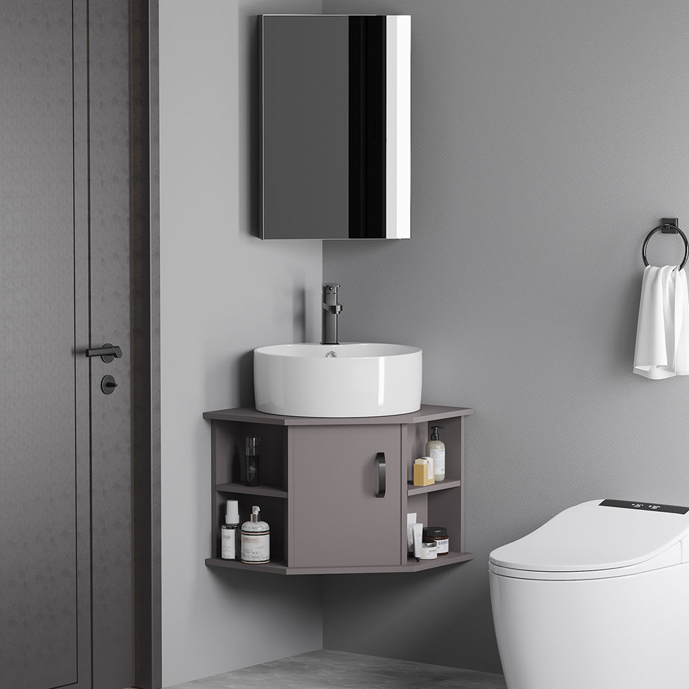 20" Gray Floating Small Corner Bathroom Vanity with Ceramics Single Vessel Sink