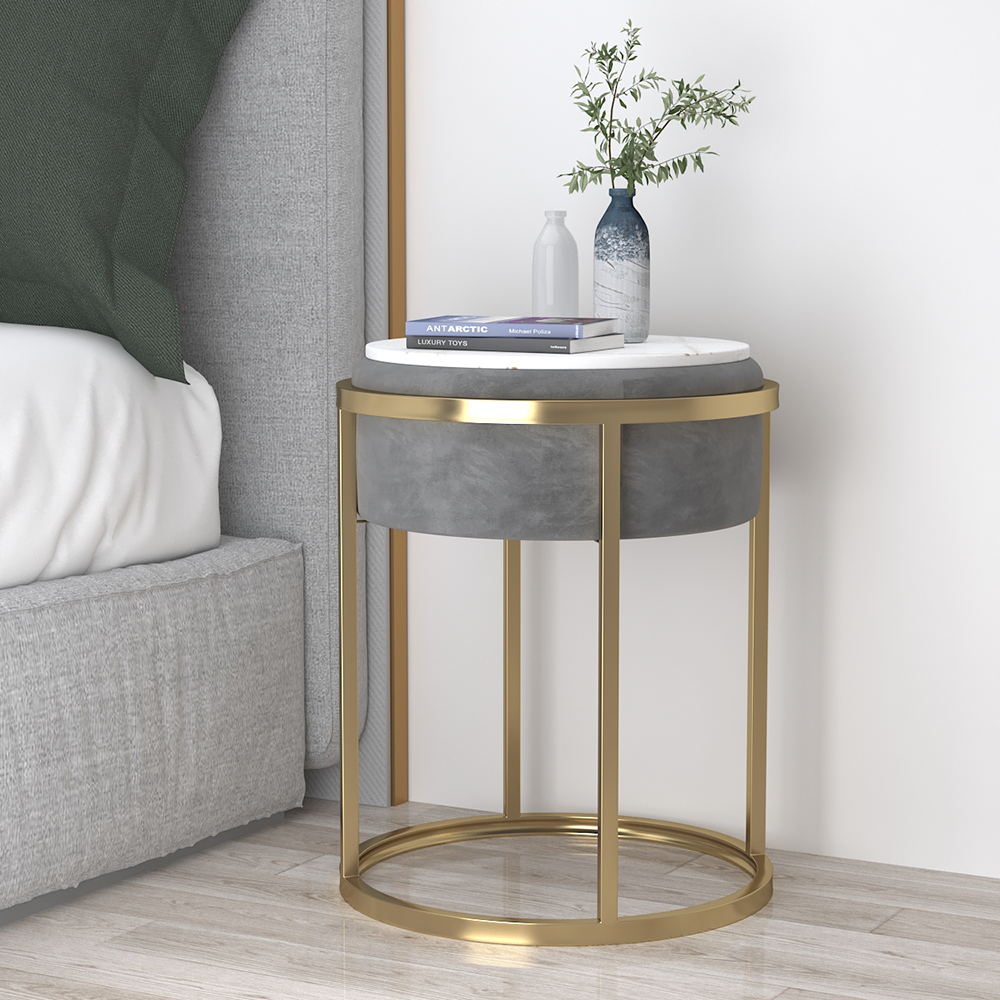 Gray Round Sintered Stone Side Table Velvet Gold Finish Modern End Table